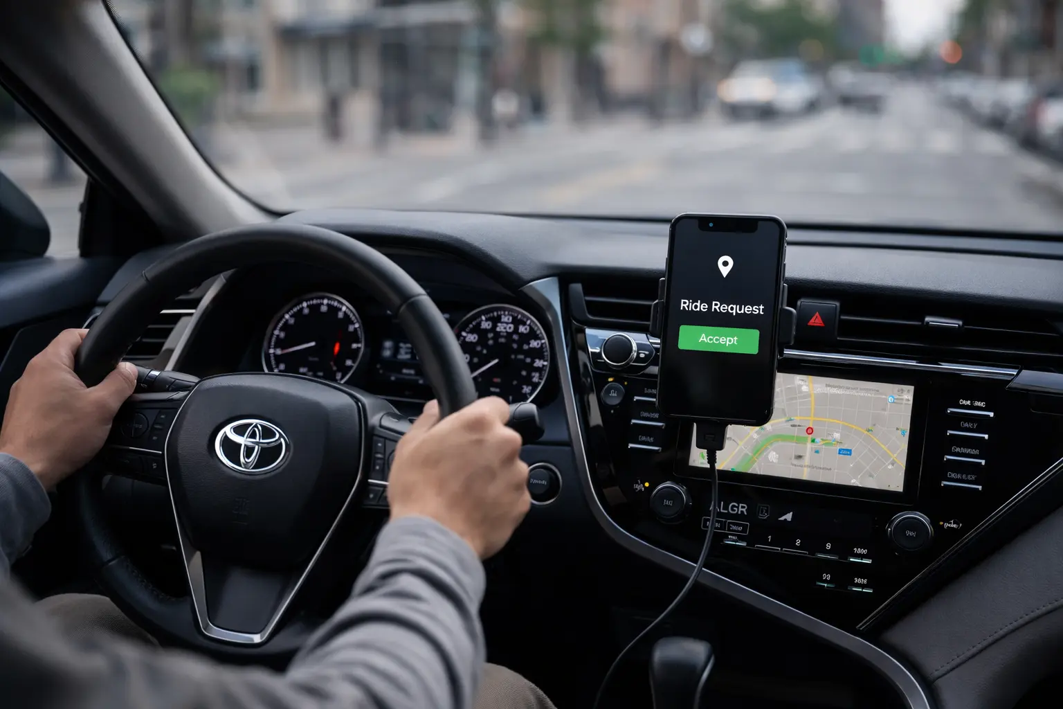 Toyota Camry rideshare driver in city traffic with Ride Request accept screen on phone mount showing gig economy vehicle depreciation cost USA 2025