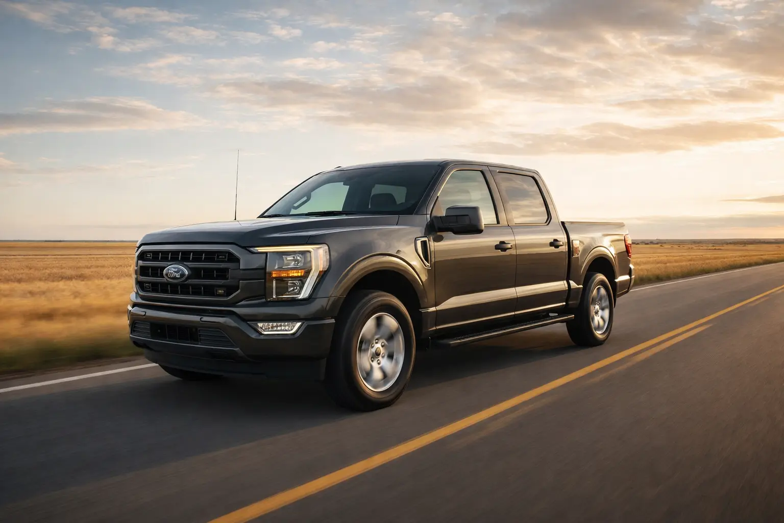 2024 Ford F-150 driving on rural highway through open farmland representing high-mileage rural driver annual car ownership cost USA