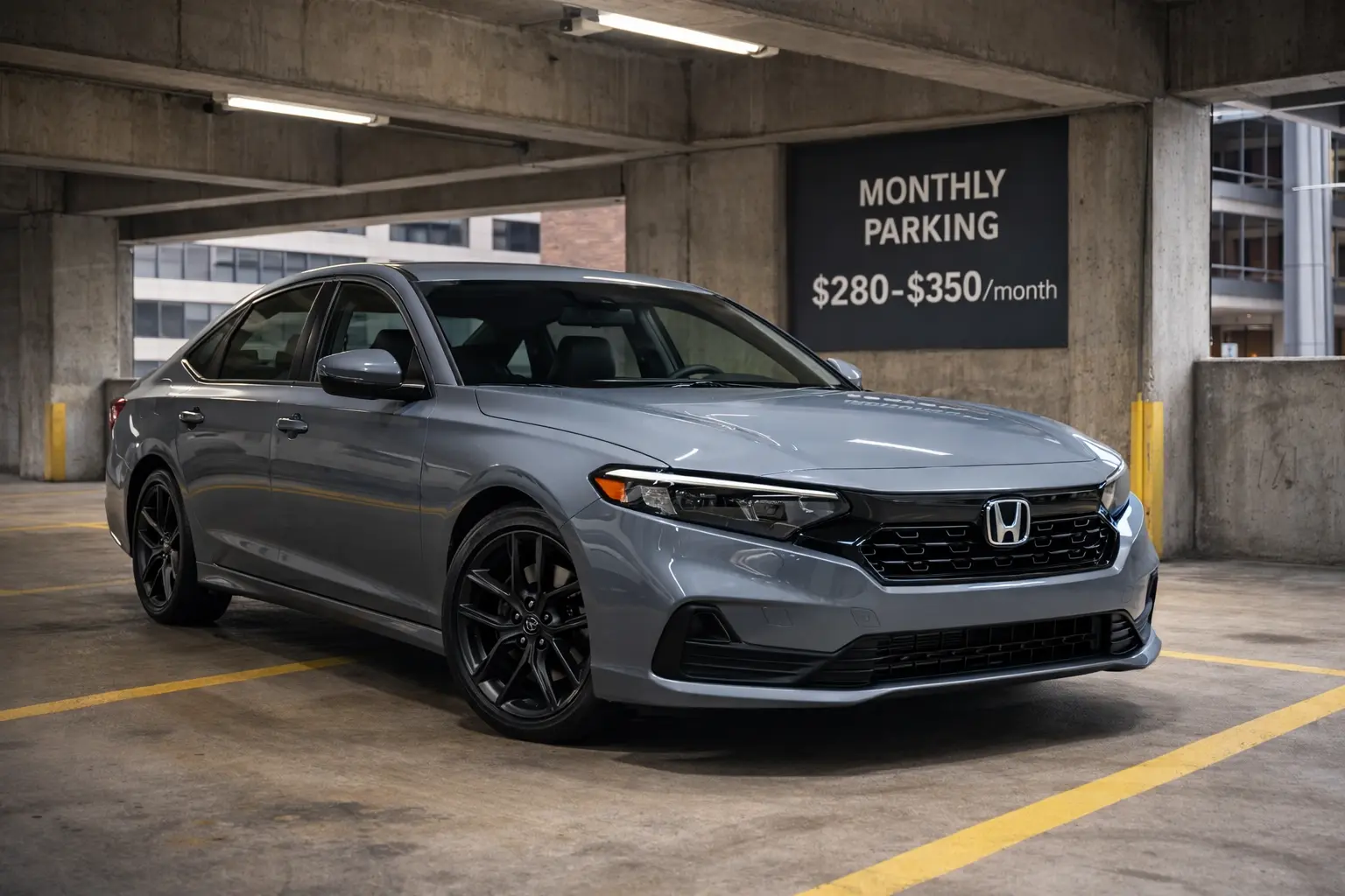2024 Honda Accord Sport in Sonic Gray Pearl parked in urban parking garage showing monthly parking cost $280-$350 per month USA