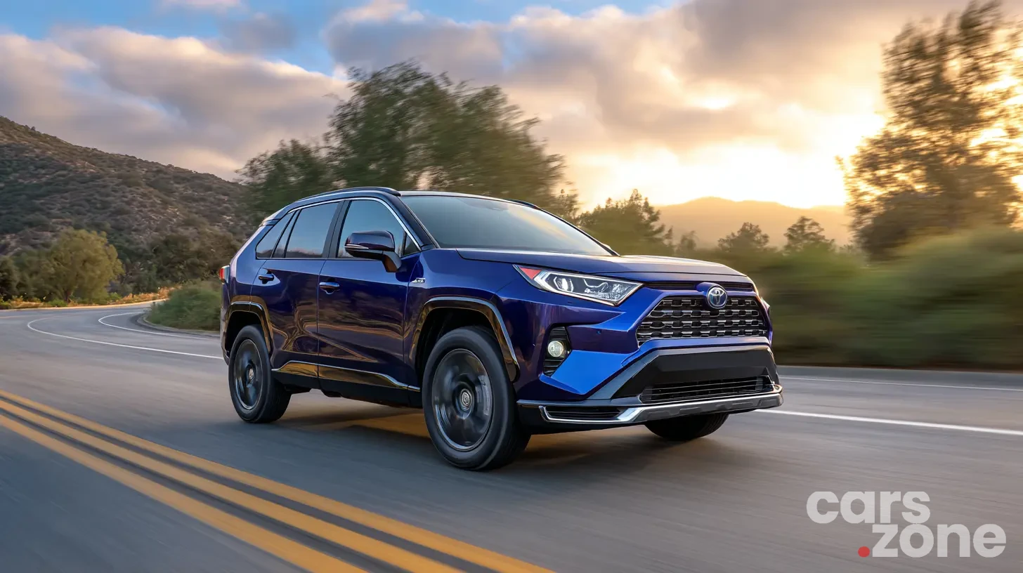 2025 Toyota RAV4 Hybrid on American highway showing fuel efficiency advantage over gas SUV